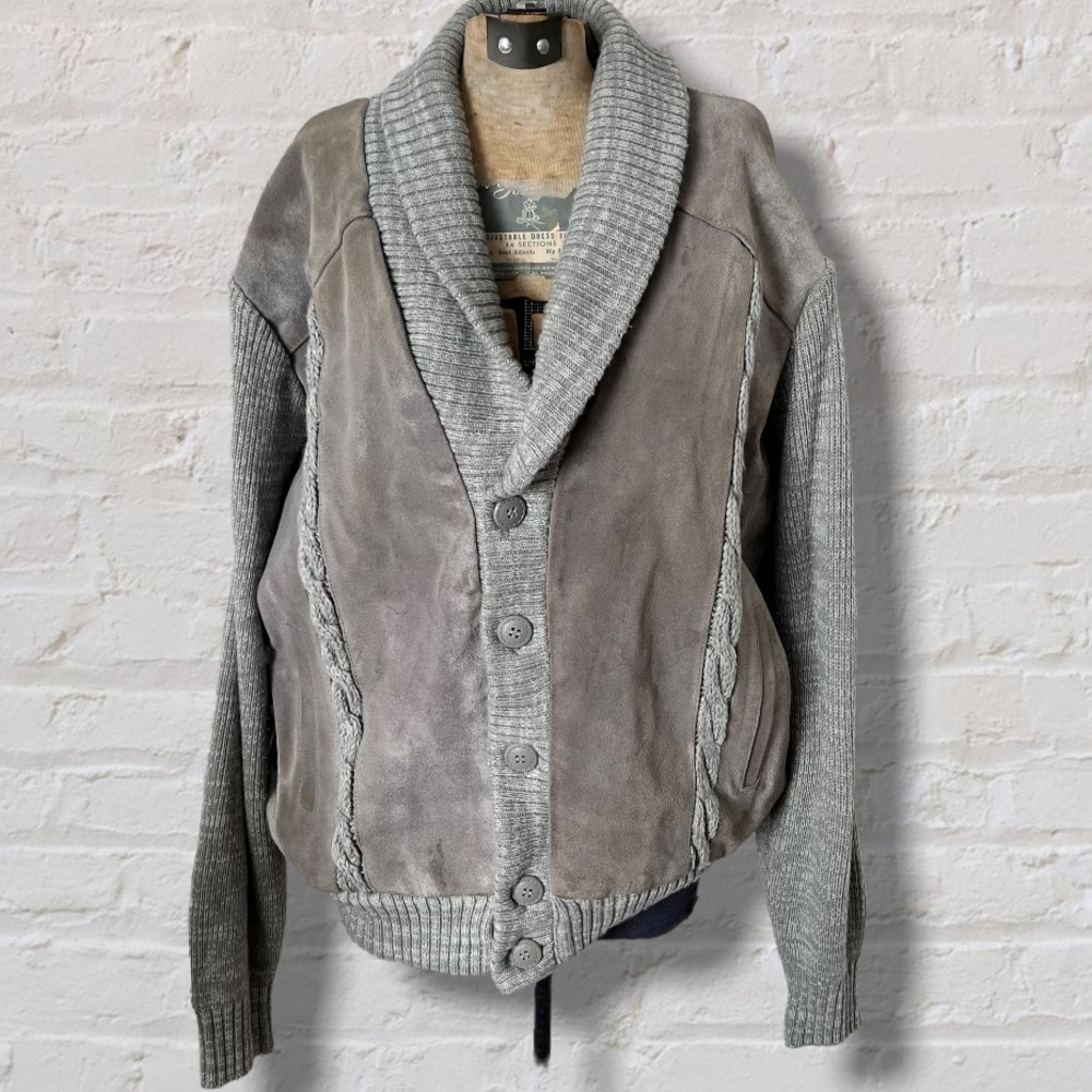 VINTAGE Alan Stuart Gray Suede Cable Knit Button Up Collared Sweater Jacket Coat